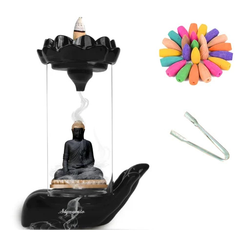 Signamio Aromatic Essence Of Buddha Backflow Smoke Fountain Incense Burner Ceramic Holder - Color: Black