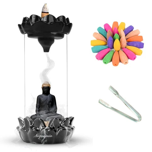 Signamio Glass Buddha Smoke Fountain With Backflow Incense Holder & Incense Waterfall
