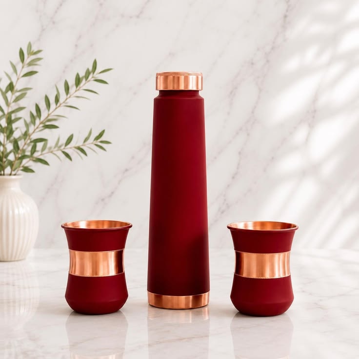Luxury Matte Red Copper Drinkware Set Bottle 2 Glasses - Color: Multiple