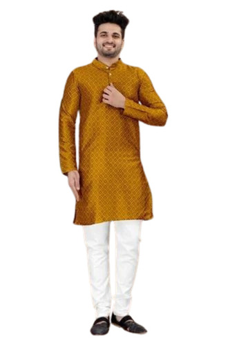 Men Embroidered Yellow Straight Kurta