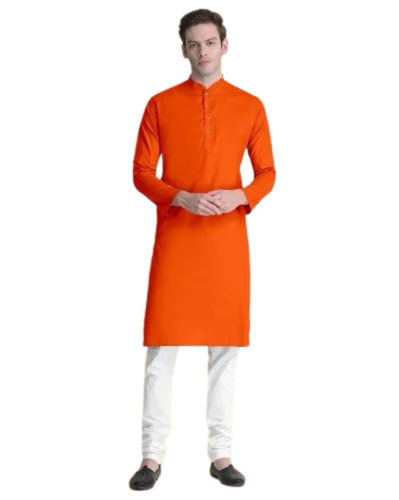 Men Orange Color Plain Kurta