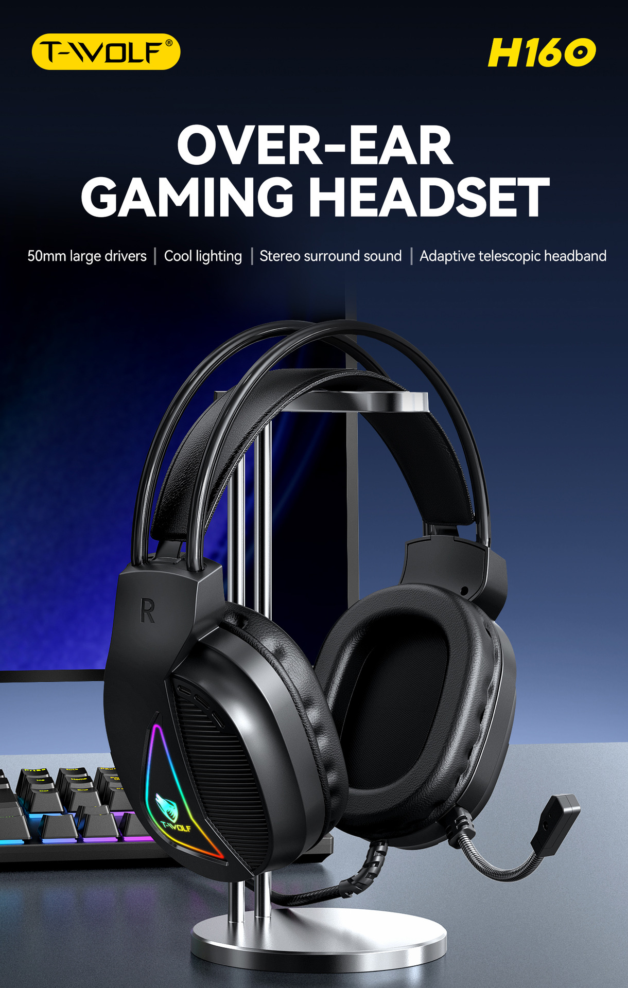 T-Wolf H160 Computer Earphones Head Mounted Gaming Earphones Wired Esports Lighting Earphones - Android Version: None