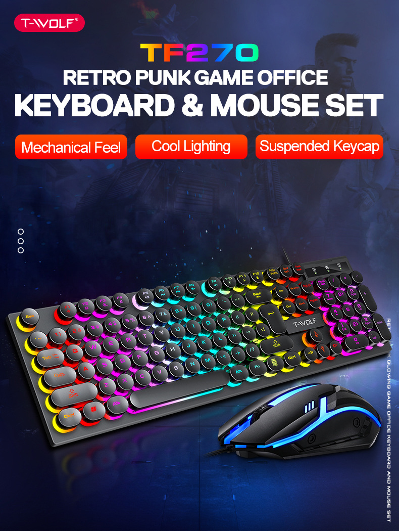 T-Wolf Tf270 Steampunk Keyboard And Mouse Set Usb Luminous Gaming Retro Round Key Cap - Application: Computer