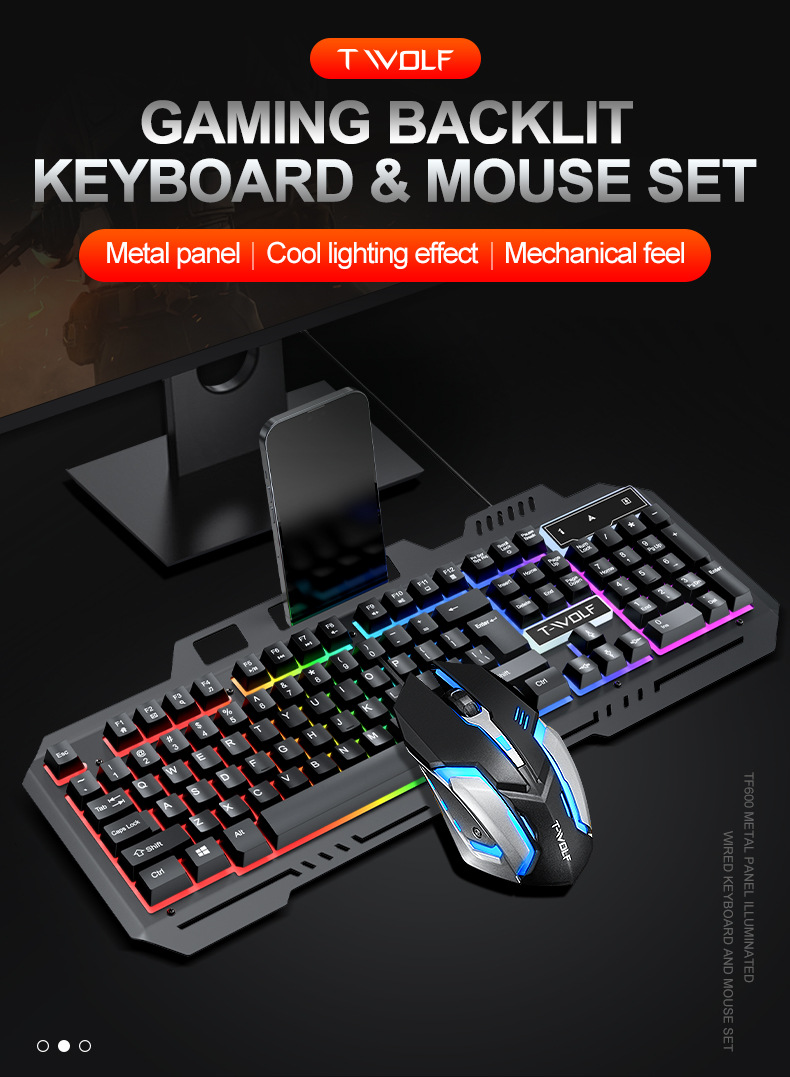 T-Wolf Tf600 Gaming Keyboard And Gaming Mouse Set Metal Iron Plate Luminous Esports Phone Stand Keyboard - Application: Computer