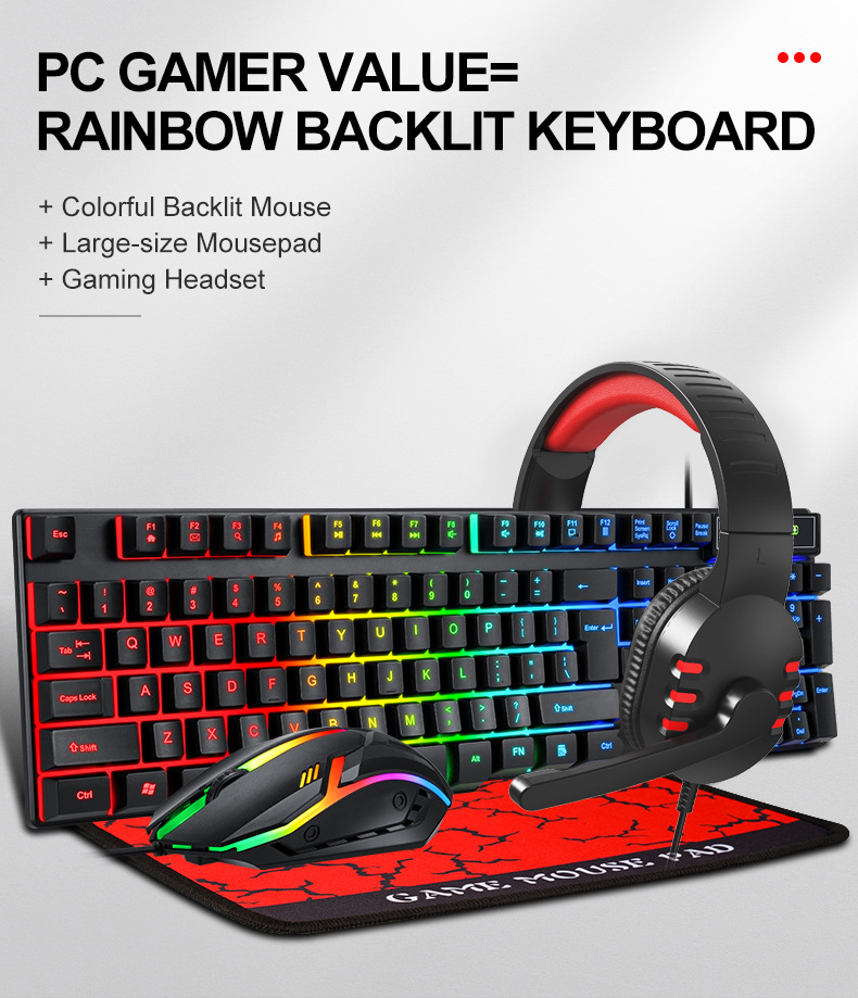 T-Wolf Tf800 Keyboard Mouse Headphone Four Piece Set Four In One Game Set - Color: Black