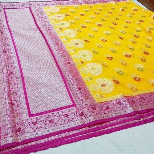 Banarasi Silk Sarees - Silk, Standard Size, Yellow & Pink | Modern Design, Comfortable, Skin Friendly, Partywear