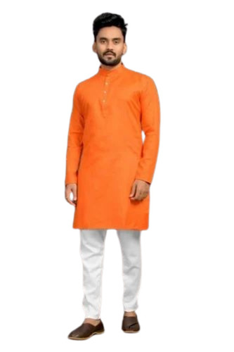 Men Orange Color Cotton Kurta