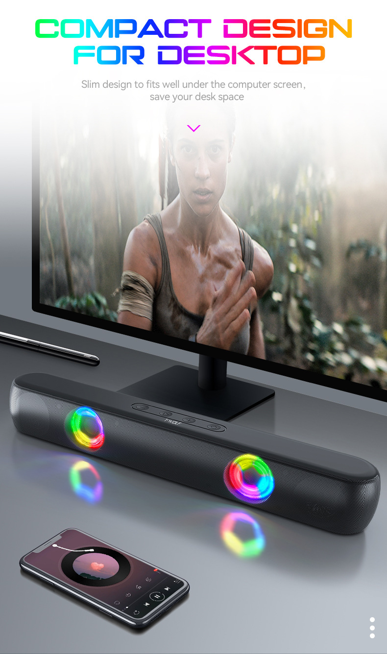 T-Wolf B320 Wireless Bluetooth Speaker Rgb Colorful Strip Desktop Laptop Phone Speaker - Color: Black