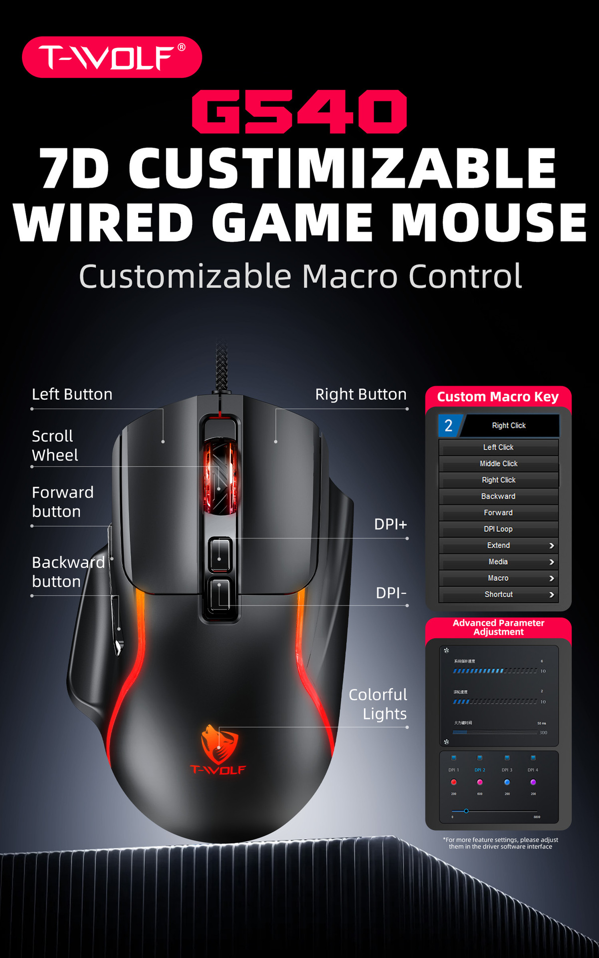T-Wolf G540 Gaming Mouse Wired Mouse Macro Programming Colorful Rgb Competitive Computer Mouse - Color: Black