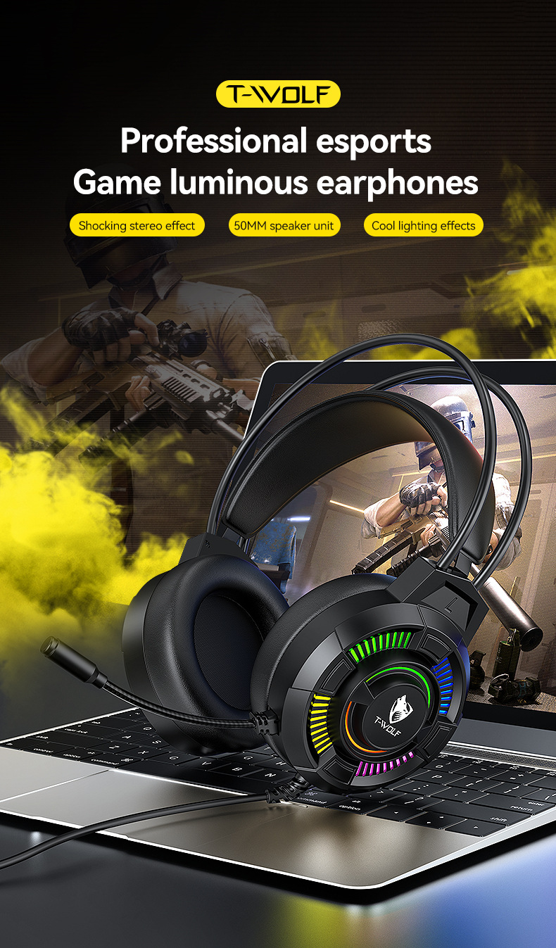 T-Wolf H140 Head Mounted Computer Earphones Microphone With Illumination Wired 7.1 Usb Gaming And Esports Earphones - Color: Black