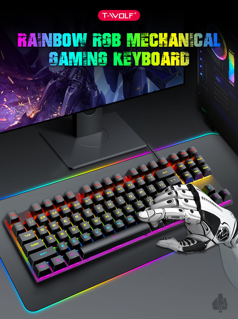 T-Wolf T18 Mechanical Keyboard With 87 Keys Metal Rgb Mixed Light Computer Gaming Keyboard With Blue Axis - Color: Black