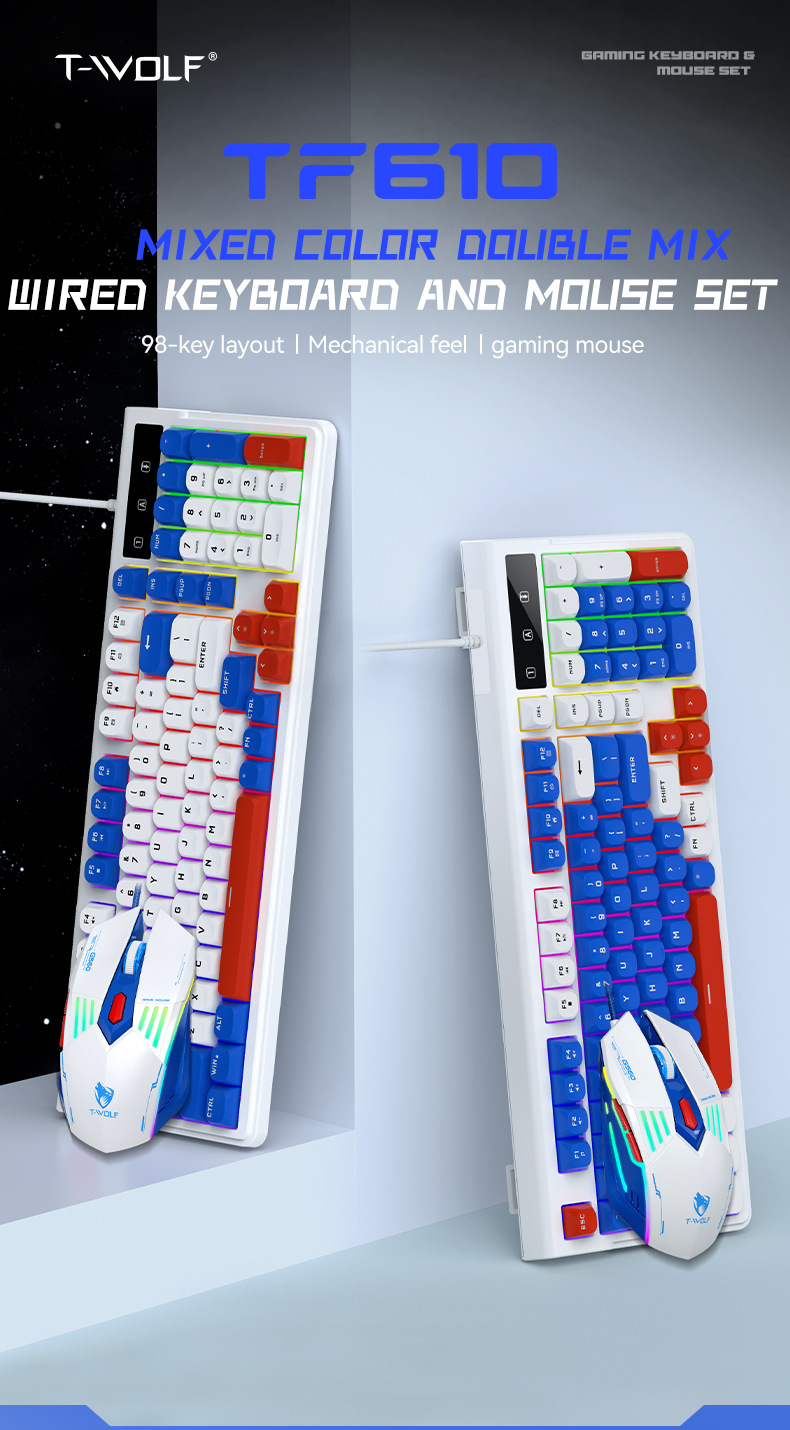 T-Wolf Tf610 Gaming Keyboard And Mouse Set Illuminated Customized Dual Color Key And Mouse Set Silent - Application: Computer