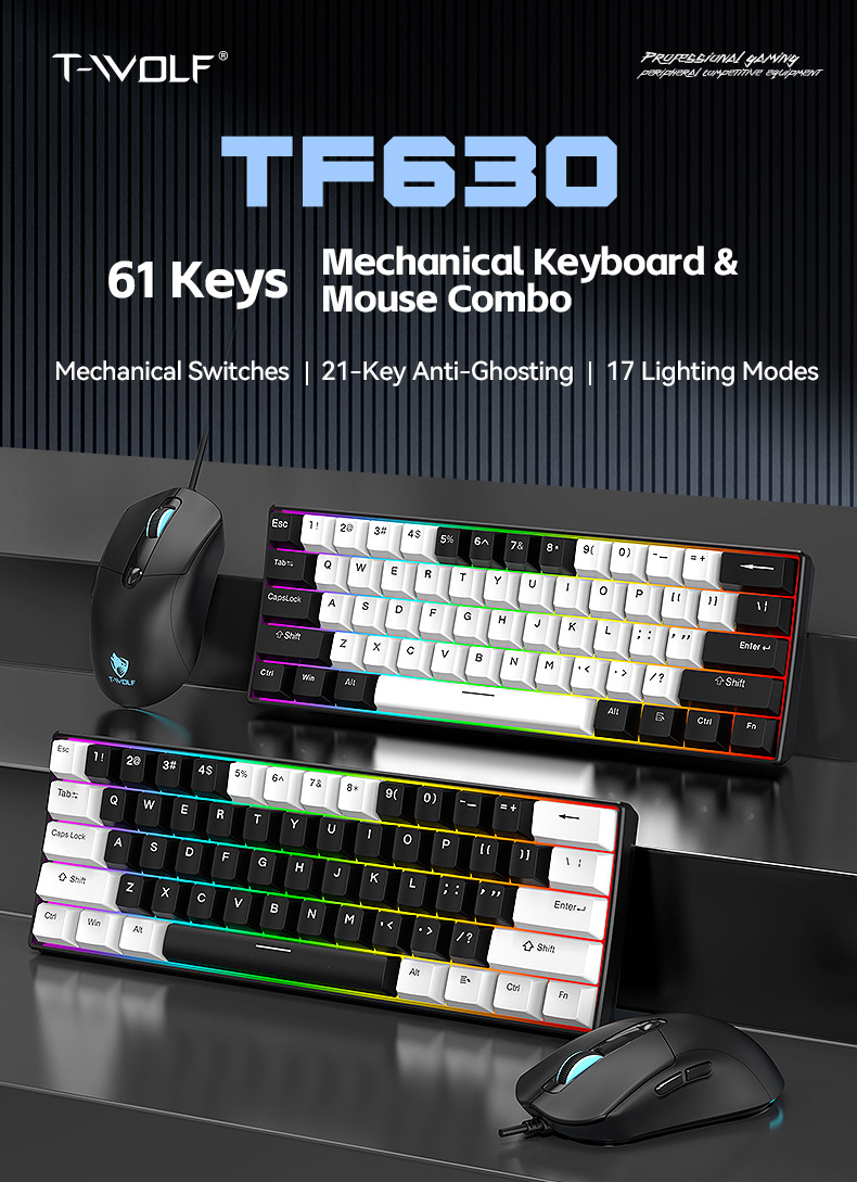T-Wolf Tf630 Mechanical Keyboard And Mouse Set 61 Key Illuminated Game Color Blocking - Application: Computer