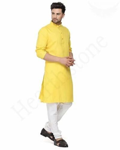 Men Yellow Plain Cotton Kurta