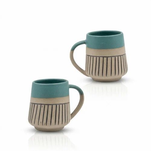 Premium Ceramic Turquoise Blue & Beige Ribbed Coffee Mugs (300 Ml)
