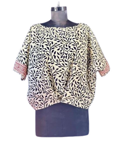 Ladies Cream Off White Cotton Printed Top