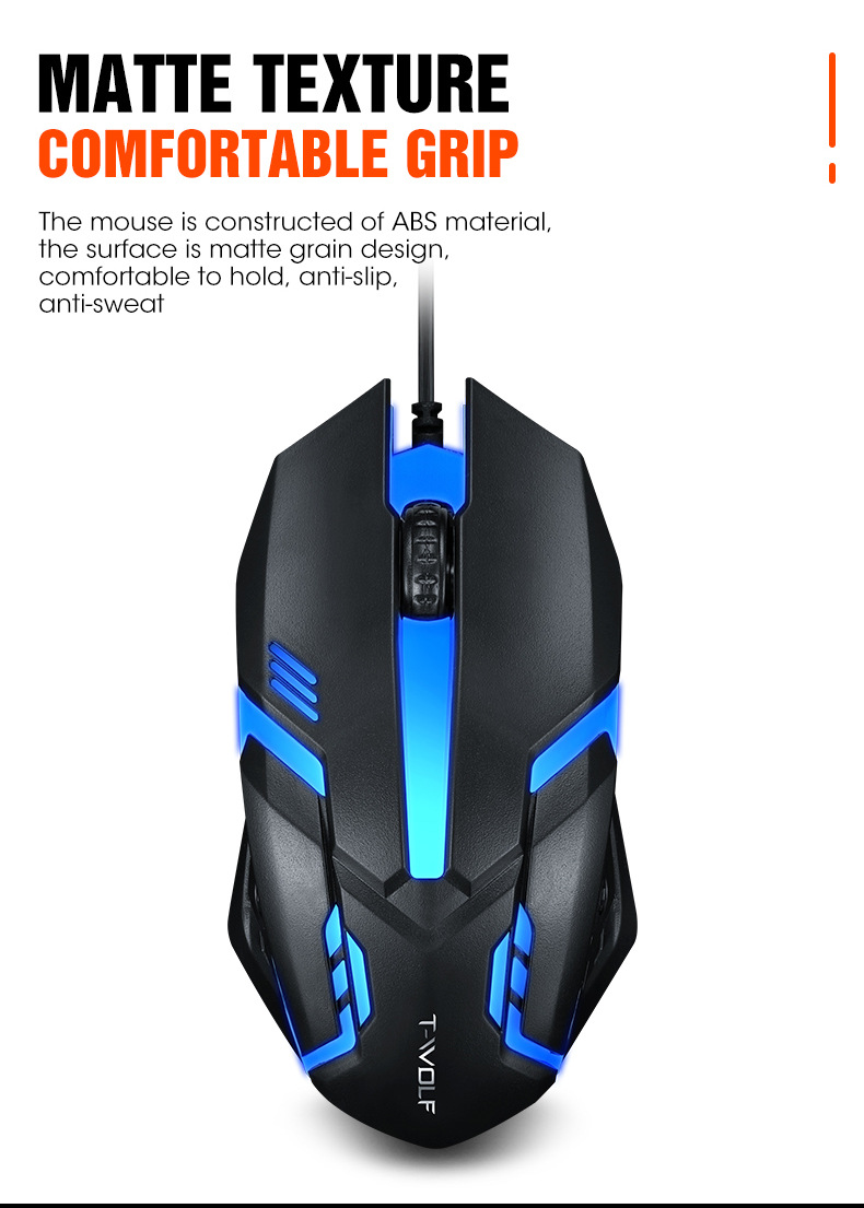 T-Wolf V1 Wired Mouse Gaming Glowing Laptop Desktop Computer Cheap Glowing Mouse - Color: Black