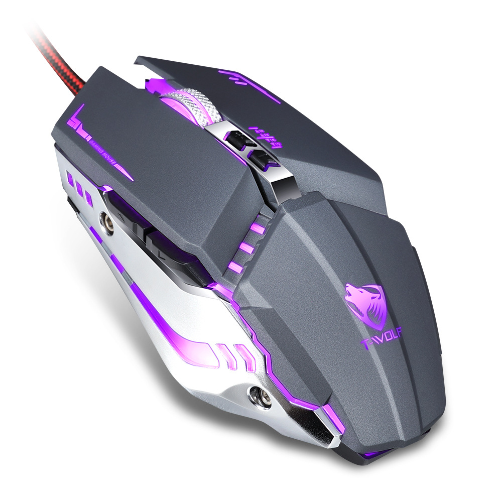 T-Wolf V7 Gaming Mechanical Mouse Esports Metal Luminous Wired Mouse Computer Universal Macro Programming - Color: Technology Black