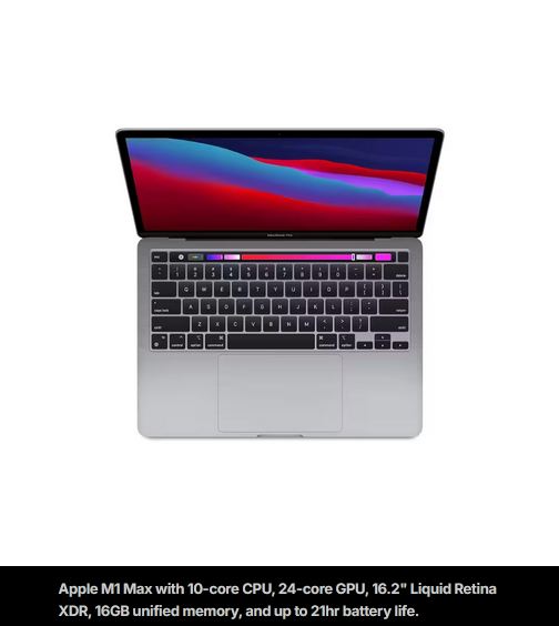 Apple MacBook Pro 16 Inch A2485 M1 Max 16GB RAM 512GB SSD Laptop (2021)