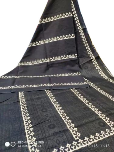 Bagru Hand Block Printed Cotton Mull Mull Saree - Color: Black