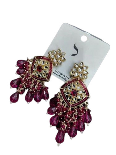 Dark Pink Artificial Crystal Brass Earrings