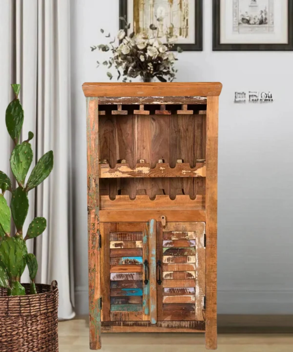 Handcrafted Rustic Wooden Bar Cabinet with Wine Rack | Reclaimed Wood Bar Storage Cabinet