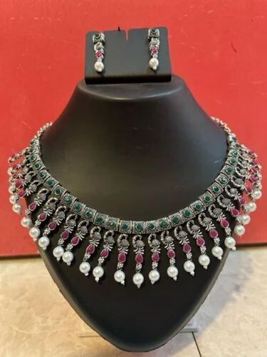 Brass Oxidized Stone Wedding Wear Necklace Set