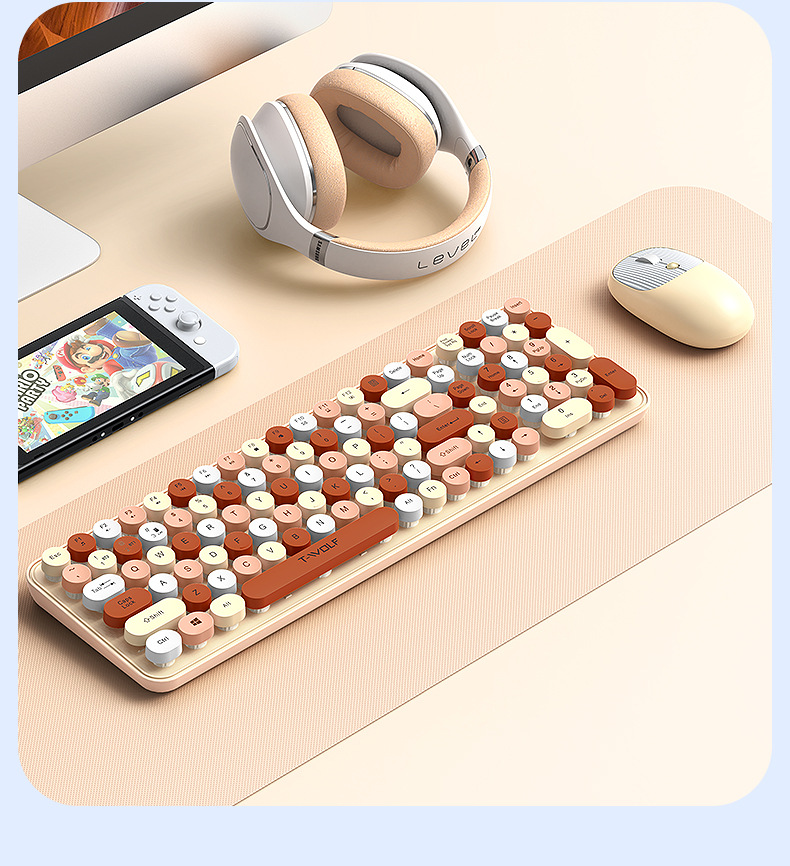 T-Wolf Tf350 Wireless Keyboard And Mouse Set Office Macaron 2.4G Keyboard And Mouse Female Round Key Cap - Application: Computer