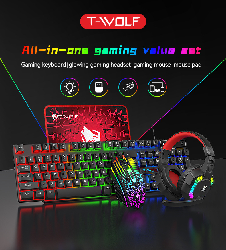 T-Wolf Tf810 Luminous Gaming Keyboard Gaming Mouse Headphone Mouse Pad Four Piece Game Set - Application: Computer