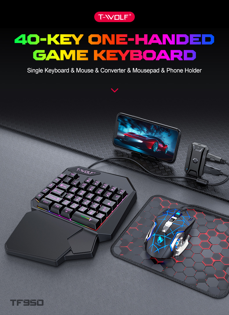 T-Wolf Tf950 Gaming Mouse Keyboard One Hand Keyboard Mouse Throne Converter Five Piece Set For Mobile Tablet And Mobile Games - Color: Black