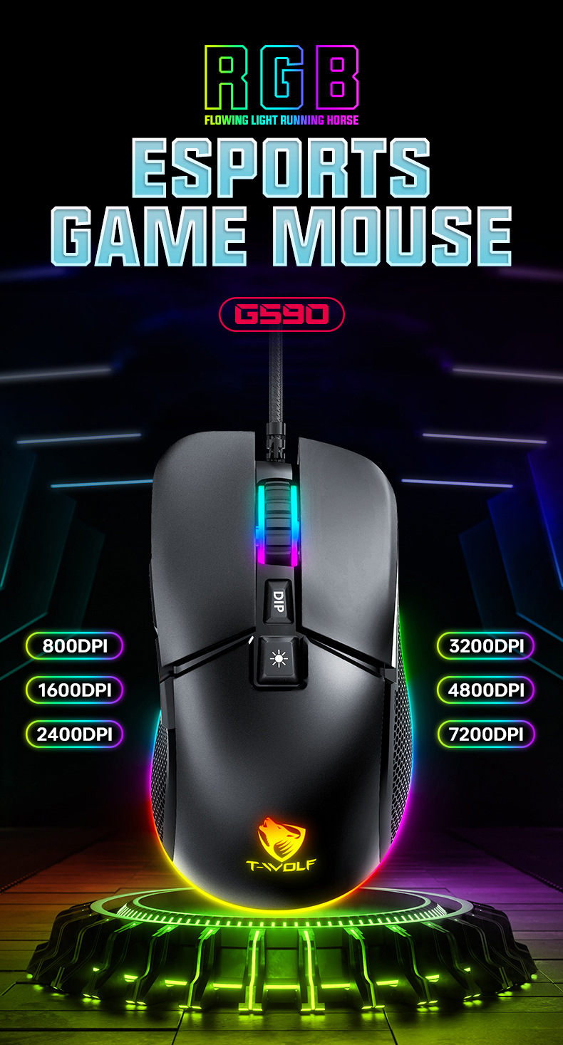 T-Wolf G590 Gaming Mouse Wired Usb E-Sports Mechanical Rgb Luminous Scrolling Light Computer Macro Programming - Color: Black