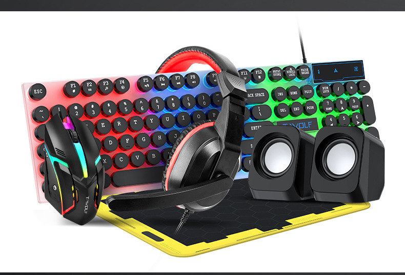 T-Wolf Tf250 Gaming Keyboard Mouse Headphone Speaker Five Piece Set Illuminated Keyboard And Mouse Five In One Set - Application: Computer