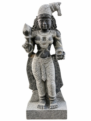 3.25 ft Meenakshi Amman Statue - Natural Charnockite Stone, Black, Hand-Carved | Weather Resistant, Temple Decoration