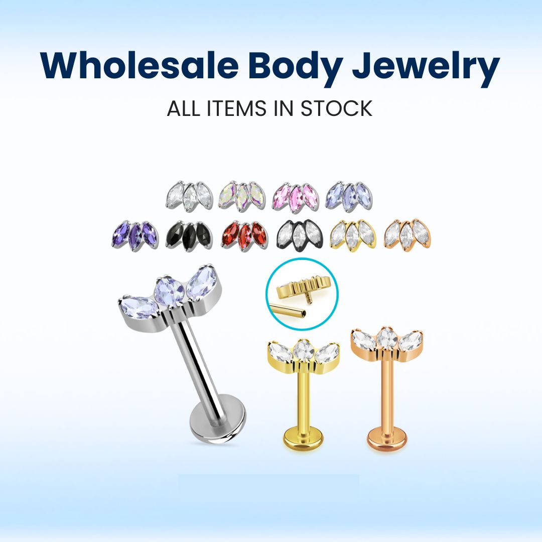Wholesale Titanium G23 Internally Threaded Labret with Marquise Shape CZ Stones