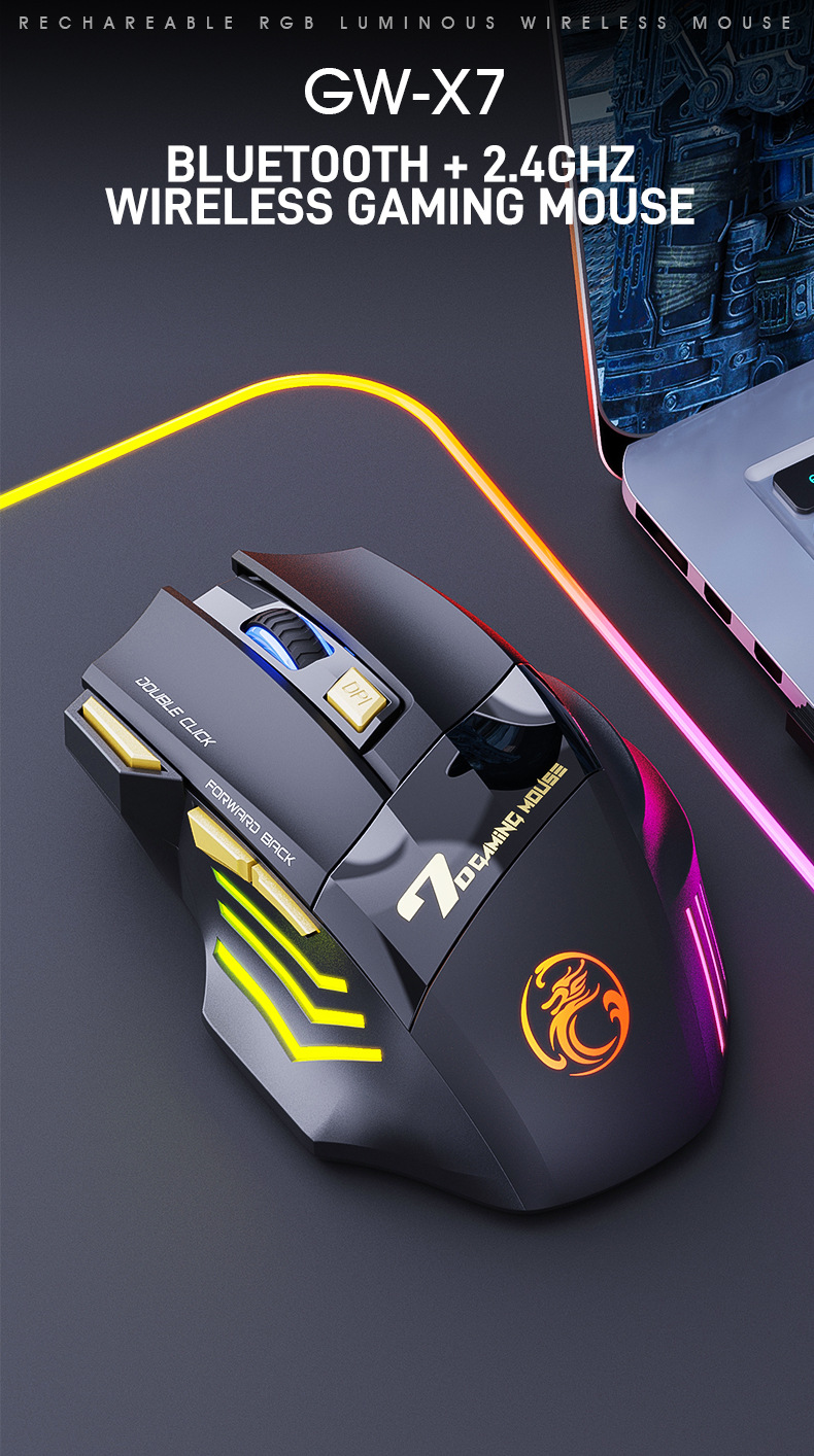 7-Key Double-Click Button Dual Mode 2.4G And Bluetooth Light Sound Rechargeable Colorful Breathing Light Wireless Gaming Mouse - Application: Computer