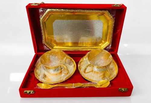 Gold Plated Tea Cup Gift Set With Serving Tray And Velvet Box - Application: Home