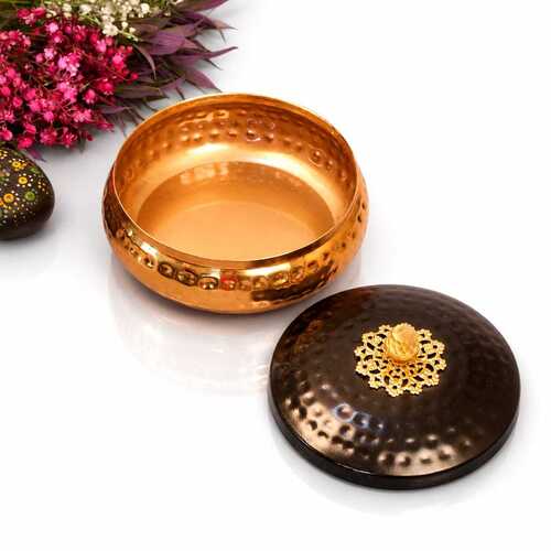 Handcrafted Hammered Copper Dry Fruit Bowl With Lid - Application: Home