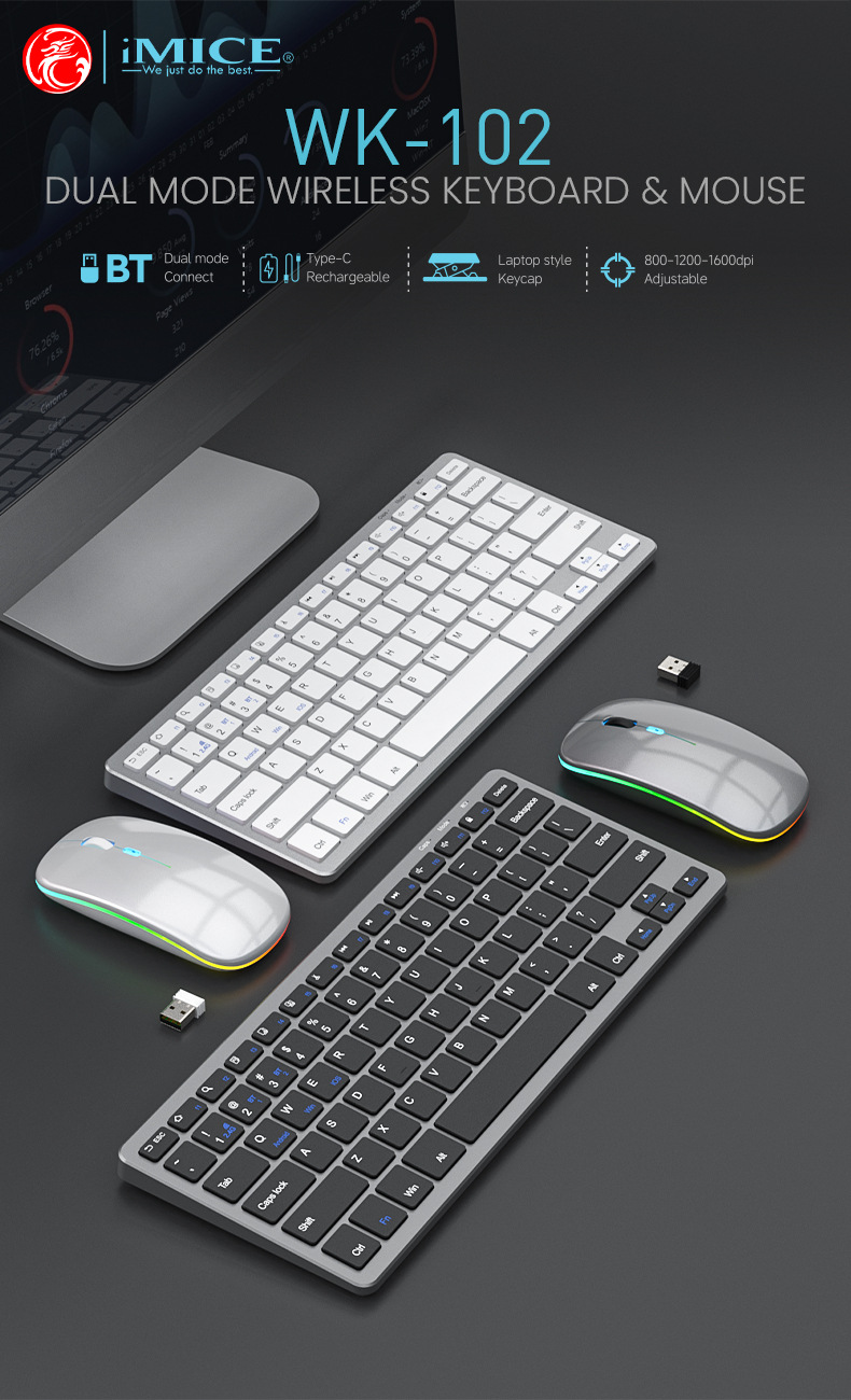 Imice 78 Key Scissor Foot Light Tone Keyboard And Mouse Type-C Rechargeable Dual-Mode Wireless Keyboard And Mouse Set - Application: Computer