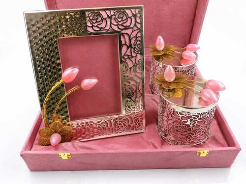 Luxury Rose Gold Floral Photo Frame And Decorative Jar Gift Set - Application: Home