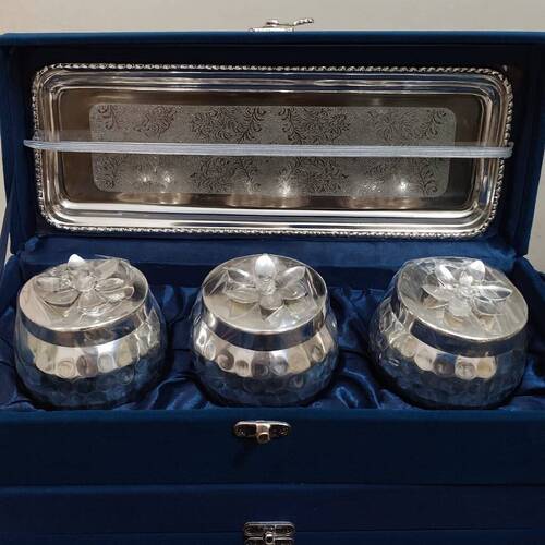Silver Plated Dry Fruit Jar Set With Serving Tray And Velvet Gift Box - Application: Home