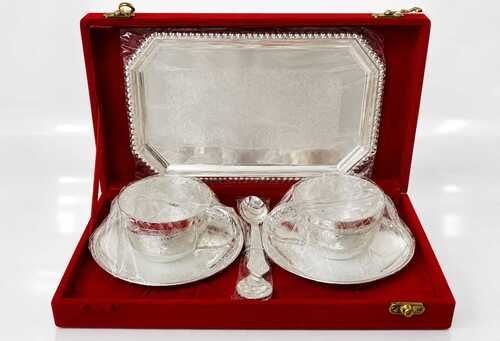 Silver Plated Tea Cup Gift Set With Serving Tray And Velvet Box - Application: Home