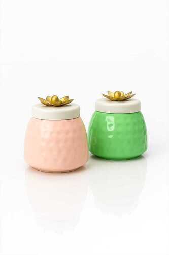 Luxury Ceramic Storage Jar Set Of 2 With Golden Lotus Lid - Application: Home
