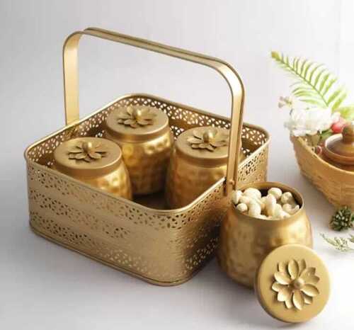 Luxury Gloden Jar Set With Decorative Storage Basket 4 Piece - Application: Home