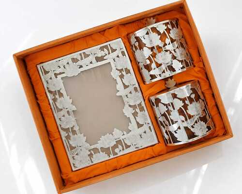Luxury Silver Plated Lotus Photo Frame With Glass Storage Canister Set Orange - Application: Home