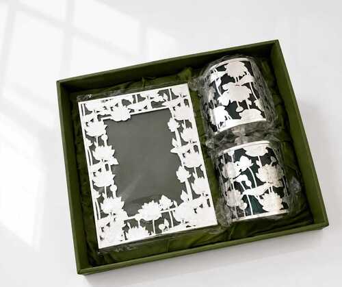 Luxury Silver Plated Lotus Photo Frame With Matching Storage Jar Set Green