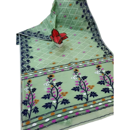 Green Cotton Muslin Jamdani Saree With Floral Motifs