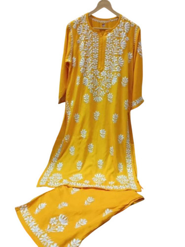 Yellow Handloom Premium Chikankari Kurti Palazzo Set