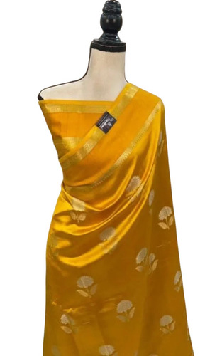 Yellow Printed Unstitched Semi Katan Banarasi Saree