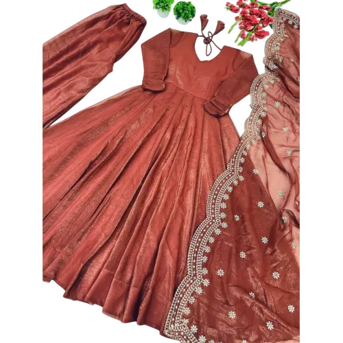Brown Ladies Fancy Silk Party Anarkali Suit Dupatta Set - Feature: Comfortable