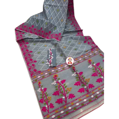 Gray Cotton Muslin Jamdani Saree With Floral Motifs